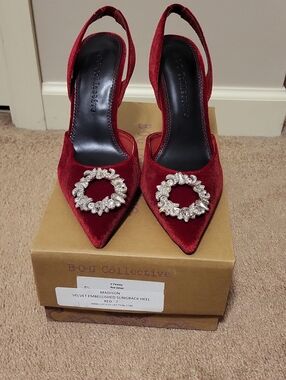 Red Velvet Slingback Heels with Crystal Embellishment